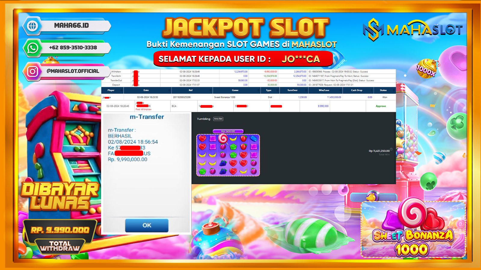 MAHASLOT JACKPOT SLOT SWEET BONANZA X1000 Rp. 9.990.000,- LUNAS