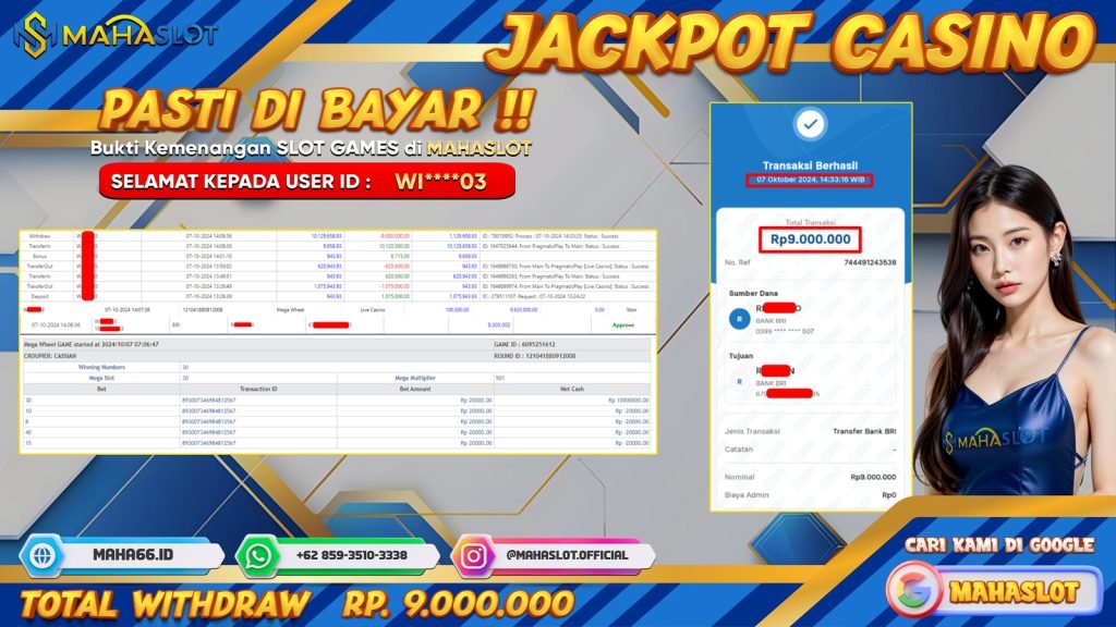 MAHASLOT JACKPOT LIVE CASINO MEGA WHEEL Rp. 9.000.000,- LUNAS