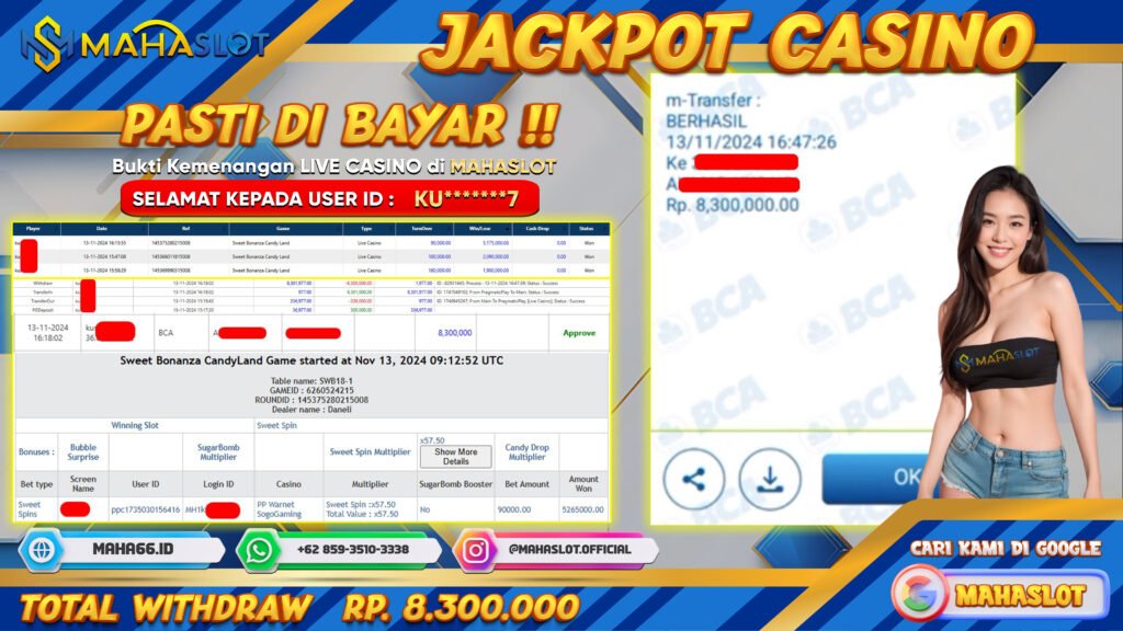 MAHASLOT JACKPOT LIVE CASINO SWEET BONANZA CANDY LAND GAME Rp. 8.300.000,- LUNAS