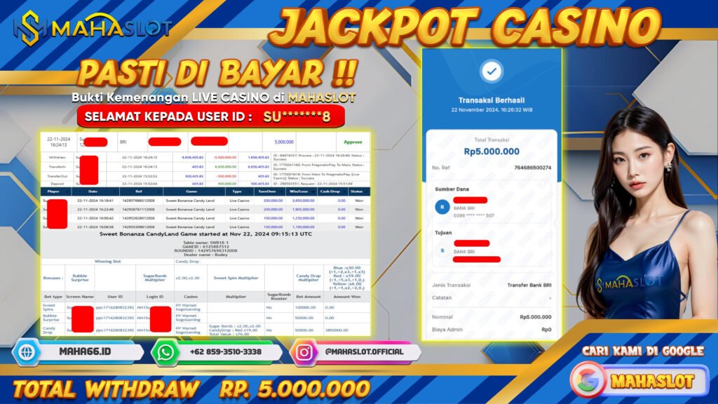 MAHASLOT JACKPOT LIVE CASINO SWEET BONANZA CANDY LAND Rp. 5.000.000,- LUNAS