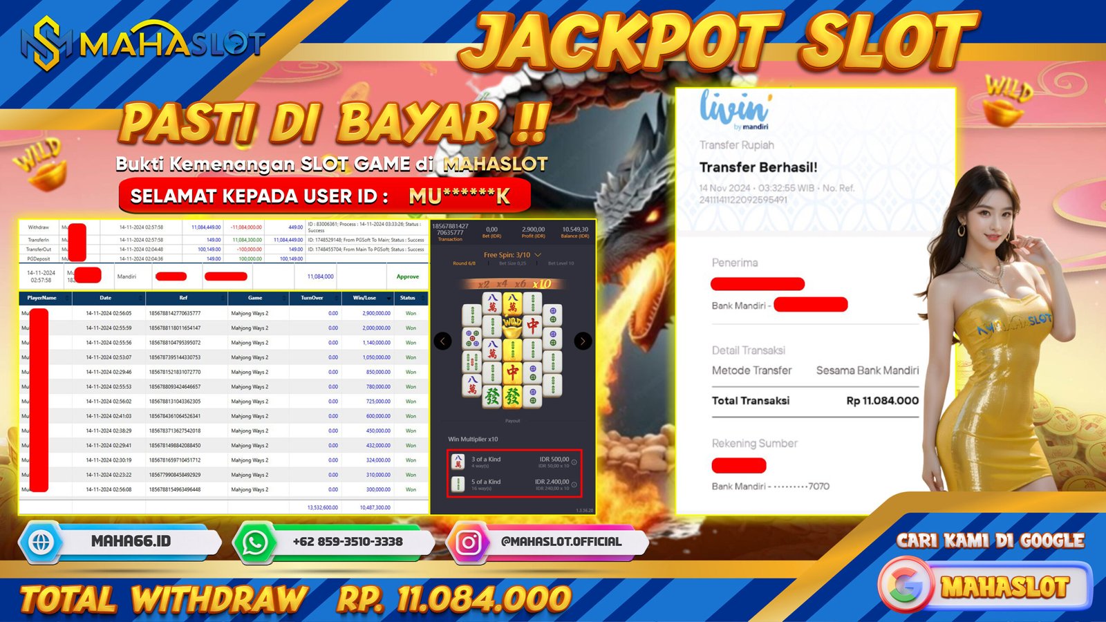 MAHASLOT JACKPOT SLOT MAHJONG WAYS 2 Rp. 11.084.000,- LUNAS