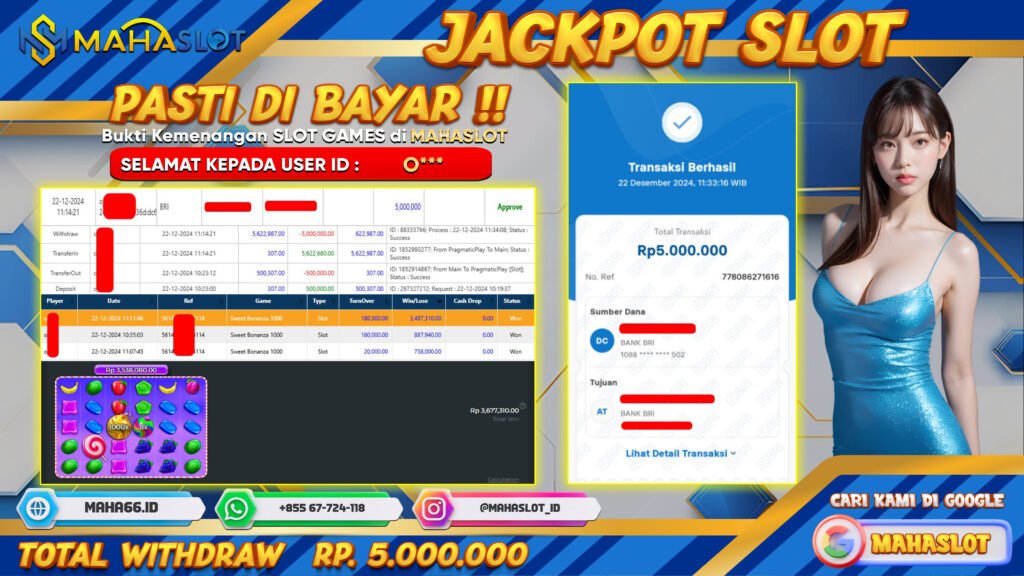 MAHASLOT JACKPOT SLOT GAMES SWEET BONANZA 1000 Rp. 5.000.000,- LUNAS