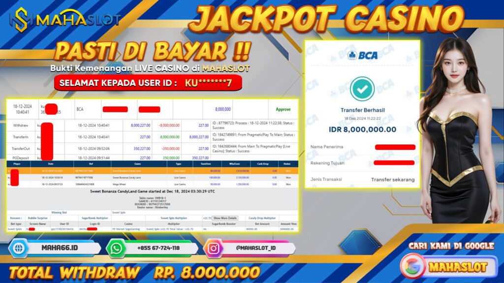 MAHASLOT JACKPOT LIVE CASINO SWEET BONANZA CANDY LAND / MEGA WHEEL Rp. 8.000.000,- LUNAS