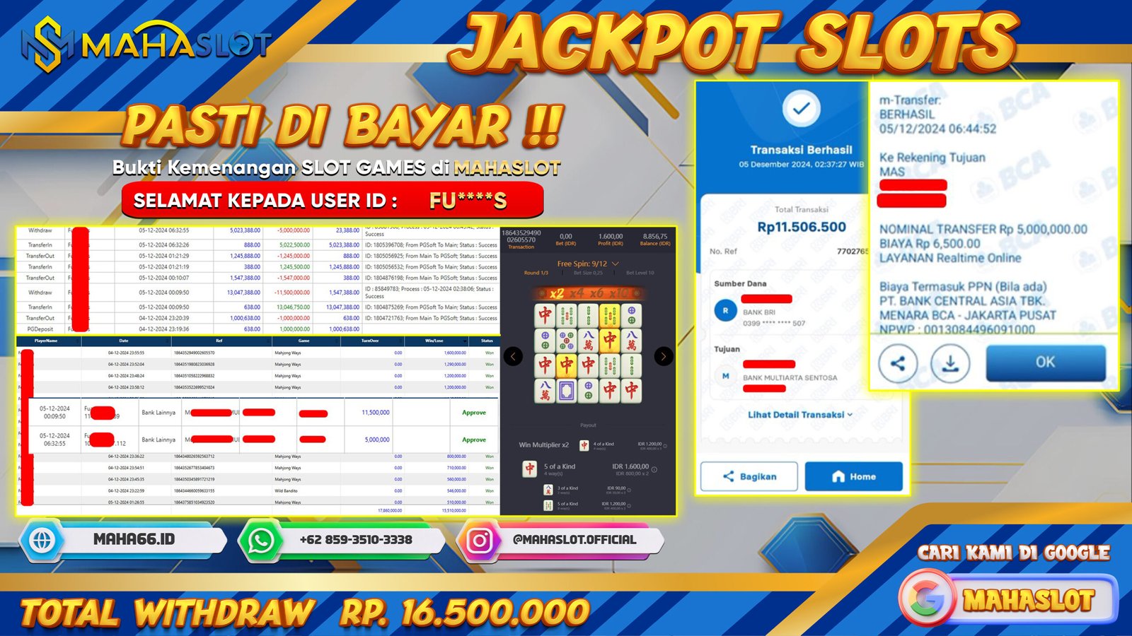 MAHASLOT JACKPOT SLOT GAMES MAHJONG WAYS Rp. 16.500.000,- LUNAS