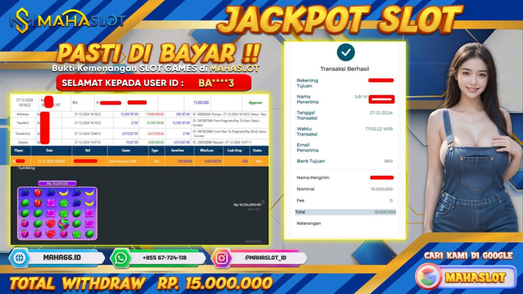 MAHASLOT JACKPOT SLOT GAMES SWEET BONANZA 1000 Rp. 15.000.000,- LUNAS