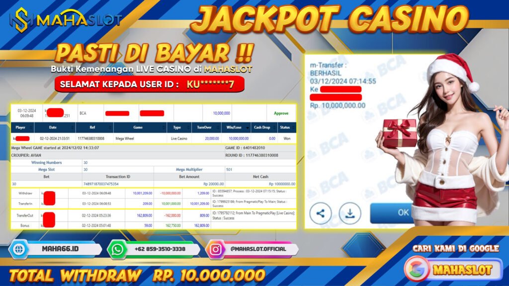 MAHASLOT JACKPOT LIVE CASINO MEGA WHEEL Rp. 10.000.000,- LUNAS