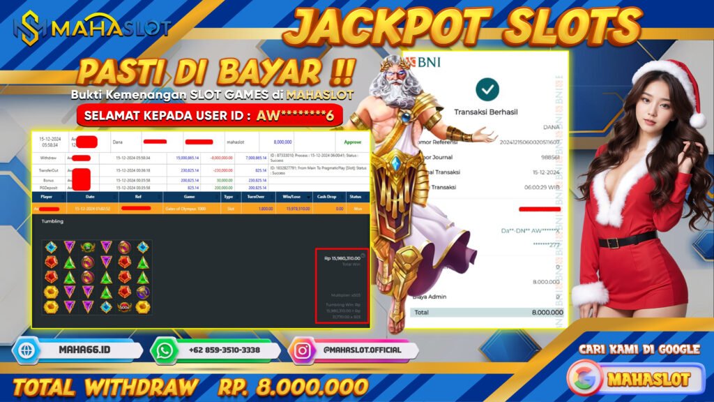 MAHASLOT JACKPOT SLOT GAMES GATES OF OLYMPUS 1000 Rp. 8.000.000,- LUNAS