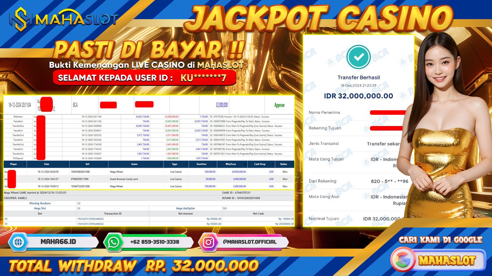 MAHASLOT JACKPOT LIVE CASINO GAMES MEGA WHEEL Rp. 32.000.000,- LUNAS