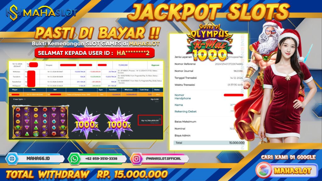 MAHASLOT JACKPOT SLOT GAMES GATES OF OLYMPUS XMAS 1000 Rp. 15.000.000,- LUNAS