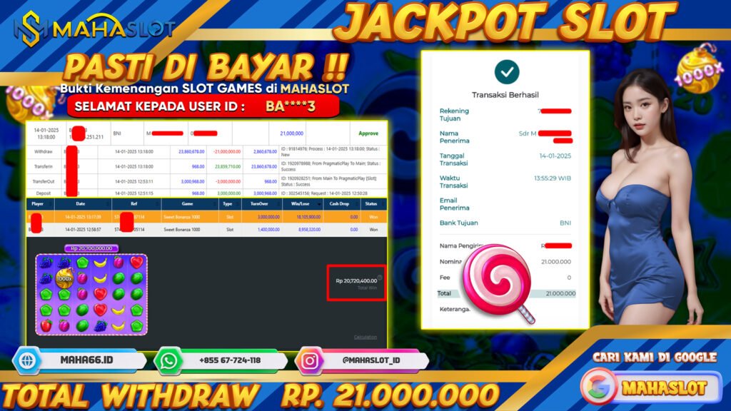 MAHASLOT JACKPOT SLOT GAMES SWEET BONANZA 1000 Rp. 21.000.000,- LUNAS