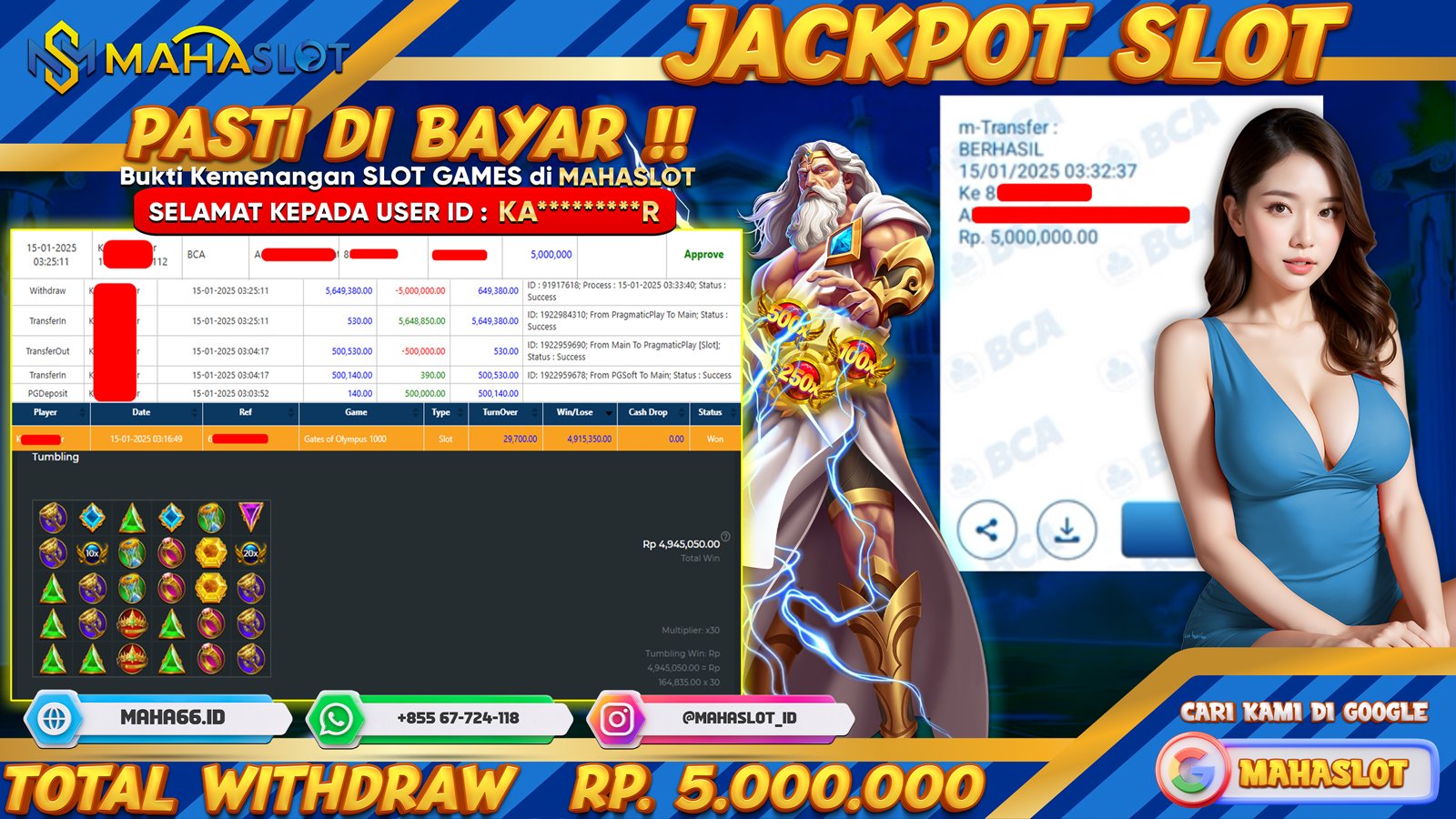 MAHASLOT JACKPOT SLOT GAMES GATES OF OLYMPUS 1000 Rp. 5.000.000,- LUNAS