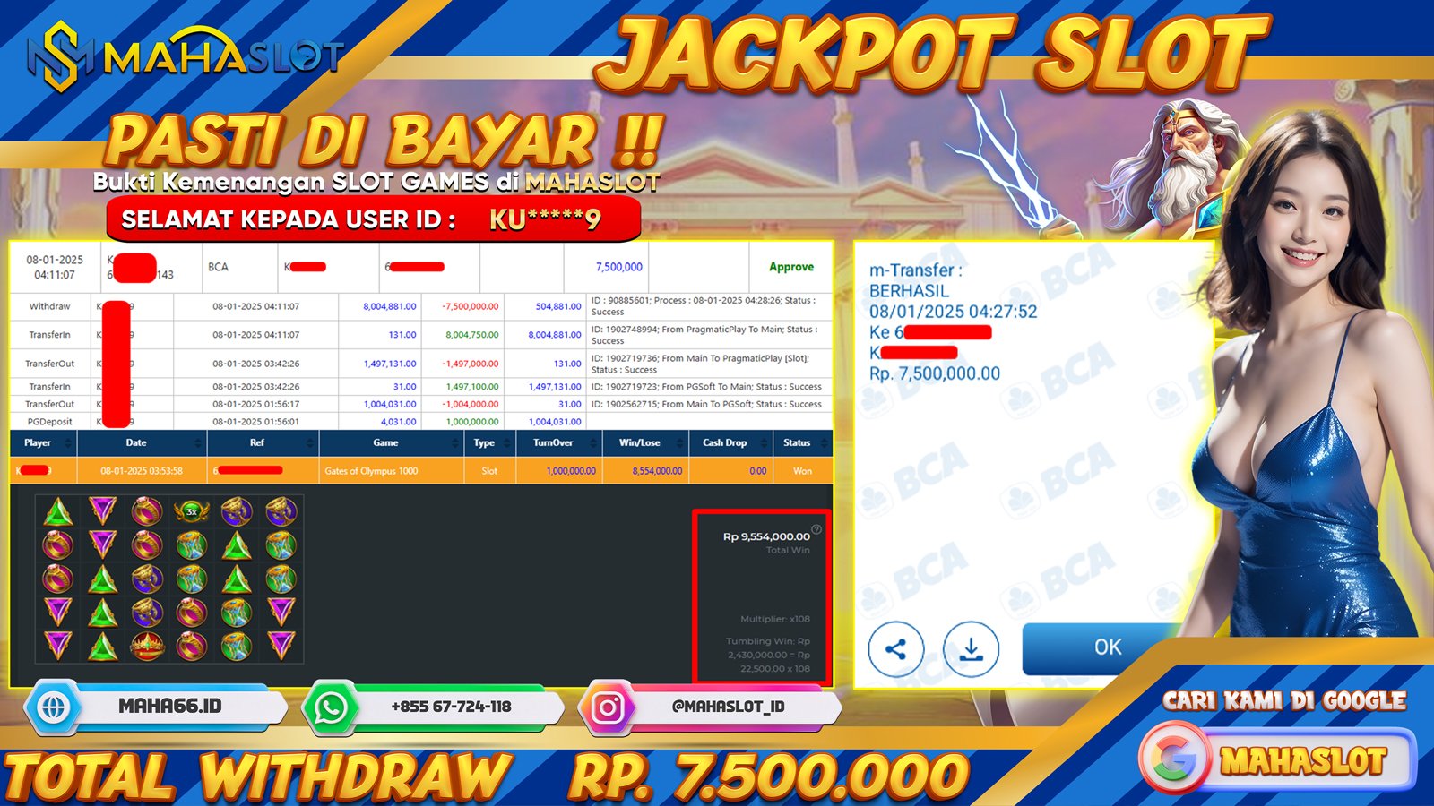 MAHASLOT JACKPOT SLOT GAMES GATES OF OLYMPUS 1000 Rp. 7.500.000,- LUNAS