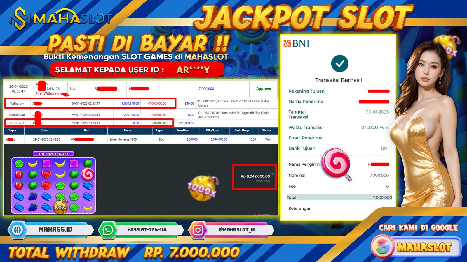 MAHASLOT JACKPOT SLOT GAMES SWEET BONANZA 1000 Rp. 7.000.000,- LUNAS