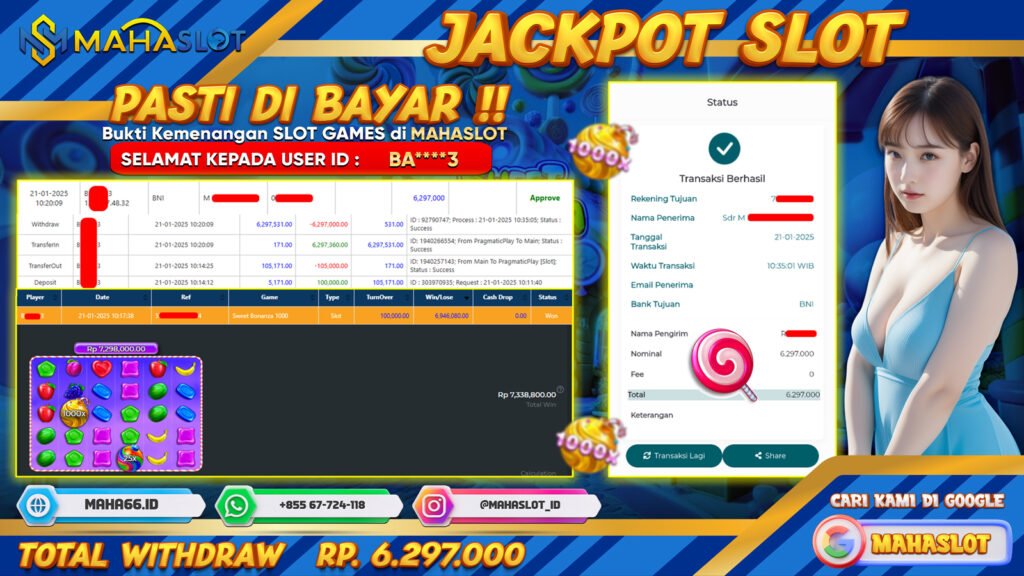 MAHASLOT JACKPOT SLOT GAMES SWEET BONANZA 1000 Rp. 6.297.000,- LUNAS