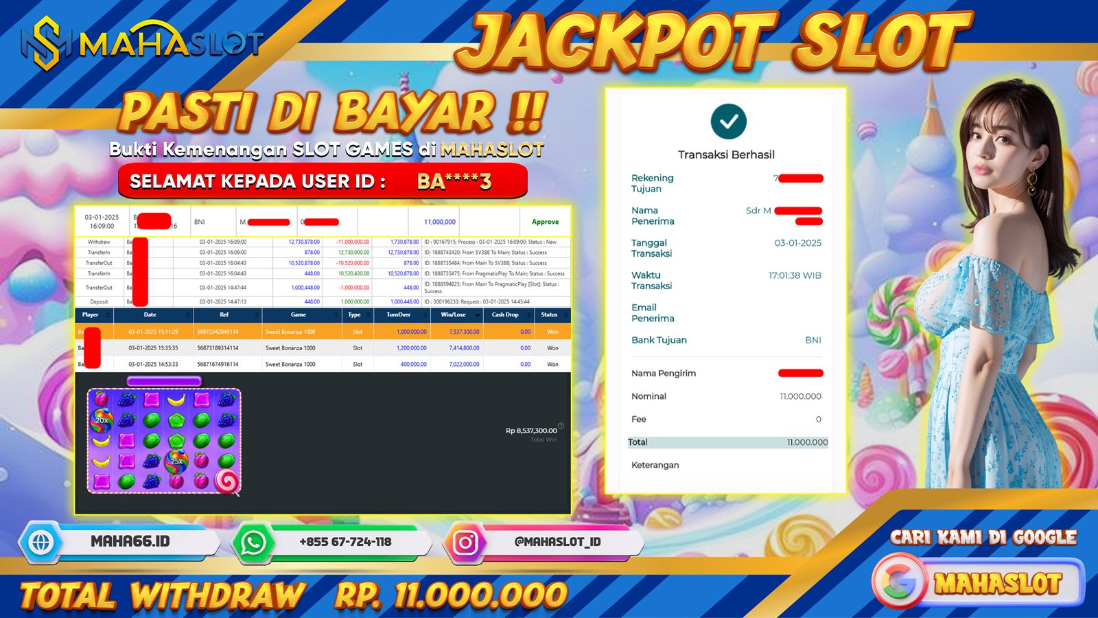 MAHASLOT JACKPOT SLOT GAMES SWEET BONANZA 1000 Rp. 11.000.000,- LUNAS