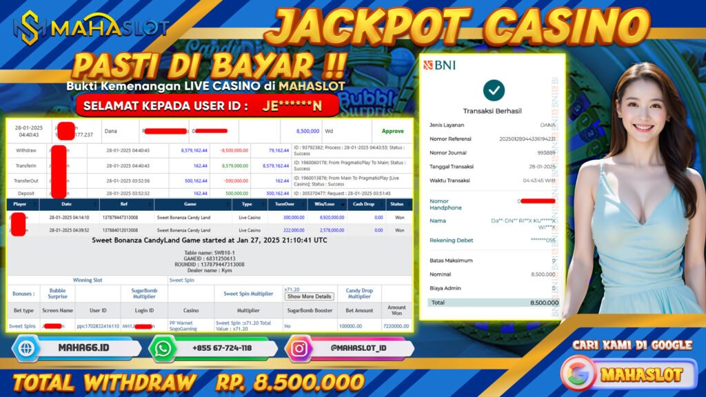 MAHASLOT JACKPOT LIVE CASINO SWEET BONANZA CANDY LAND Rp. 8.500.000,- LUNAS