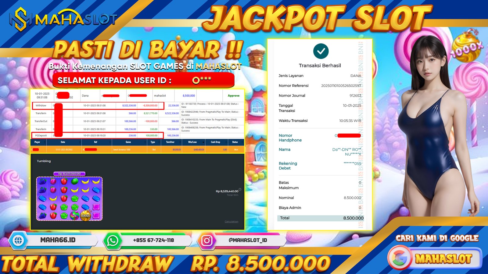 MAHASLOT JACKPOT SLOT GAMES SWEET BONANZA 1000 Rp. 8.500.000,- LUNAS