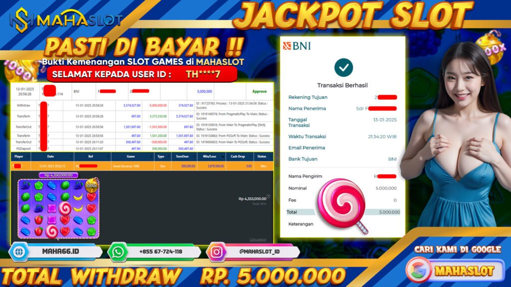 MAHASLOT JACKPOT SLOT GAMES SWEET BONANZA 1000 Rp. 5.000.000,- LUNAS