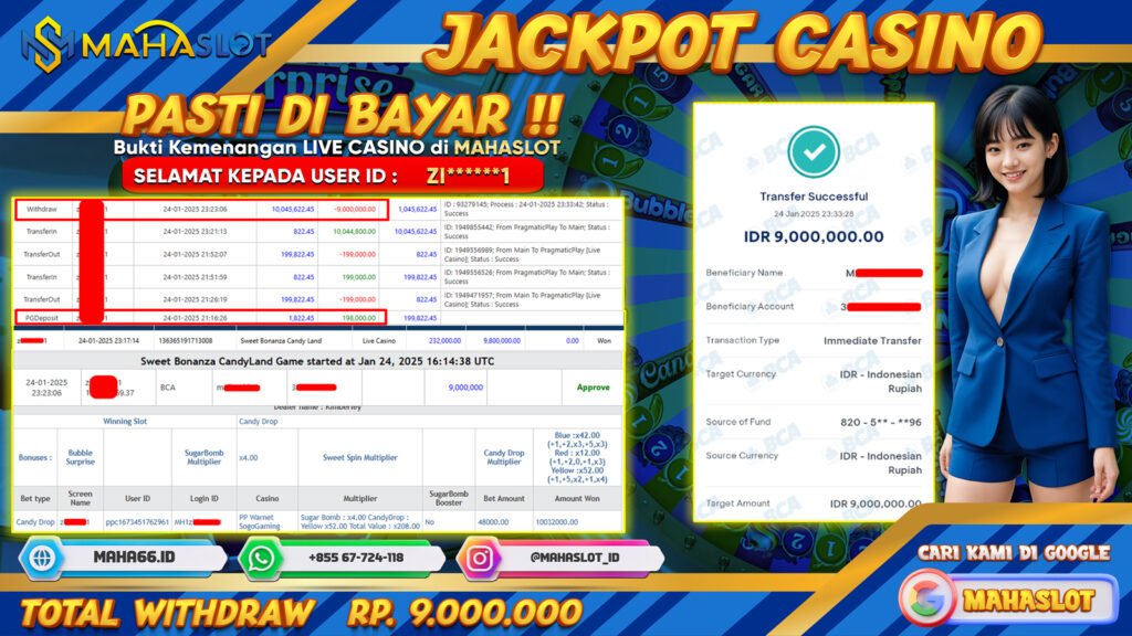 MAHASLOT JACKPOT LIVE CASINO SWEET BONANZA CANDY LAND Rp. 9.000.000,- LUNAS