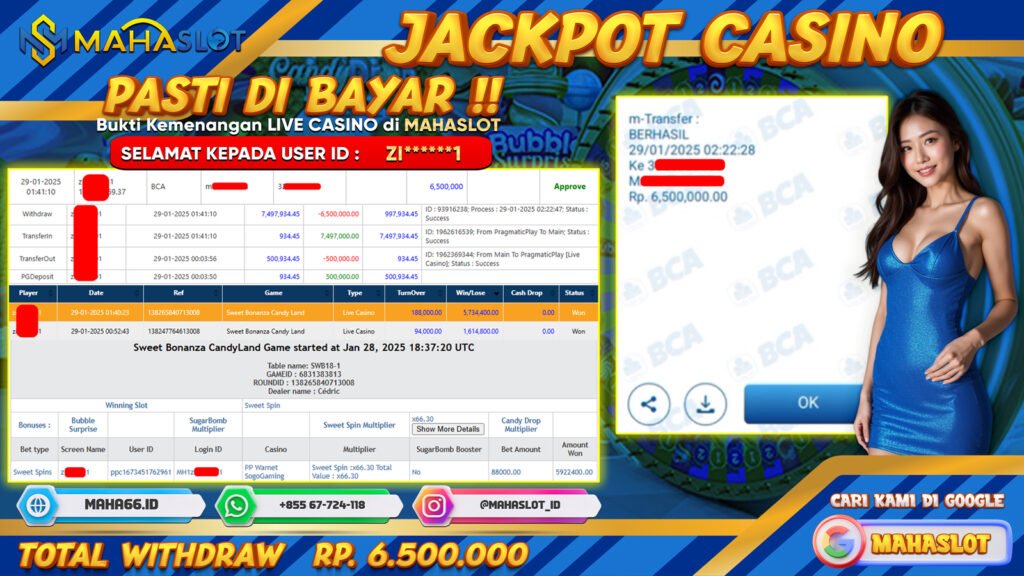 MAHASLOT JACKPOT LIVE CASINO SWEET BONANZA CANDY LAND Rp. 6.500.000,- LUNAS