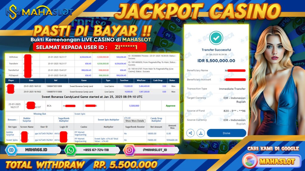 MAHASLOT JACKPOT LIVE CASINO SWEET BONANZA CANDY LAND Rp. 5.500.000,- LUNAS