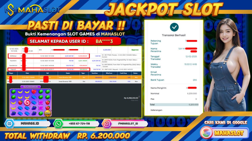 MAHASLOT JACKPOT SLOT GAMES SWEET BONANZA 1000 Rp. 6.200.000,- LUNAS