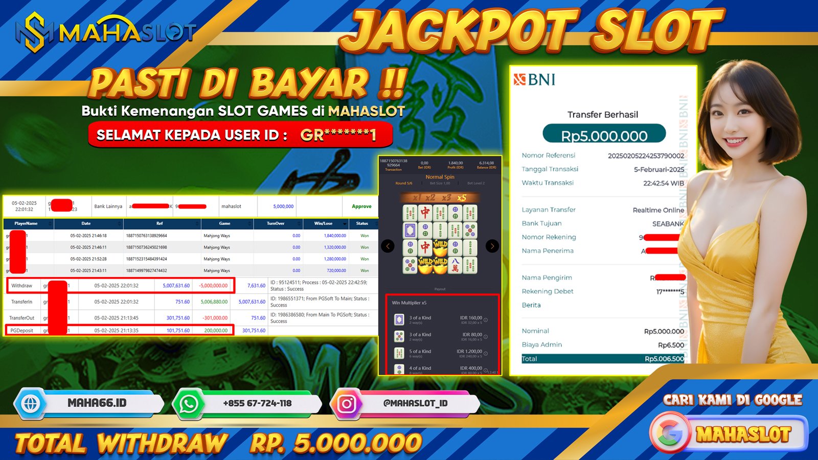 MAHASLOT JACKPOT SLOT GAMES MAHJONG WAYS Rp. 5.000.000,- LUNAS