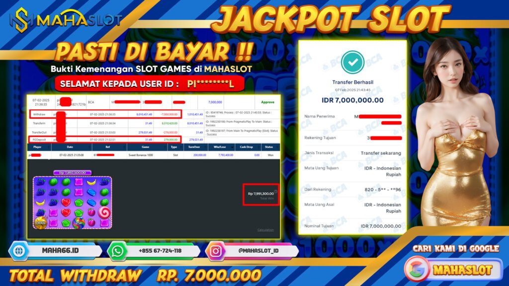 MAHASLOT JACKPOT SLOT GAMES SWEET BONANZA 1000 Rp. 7.000.000,- LUNAS