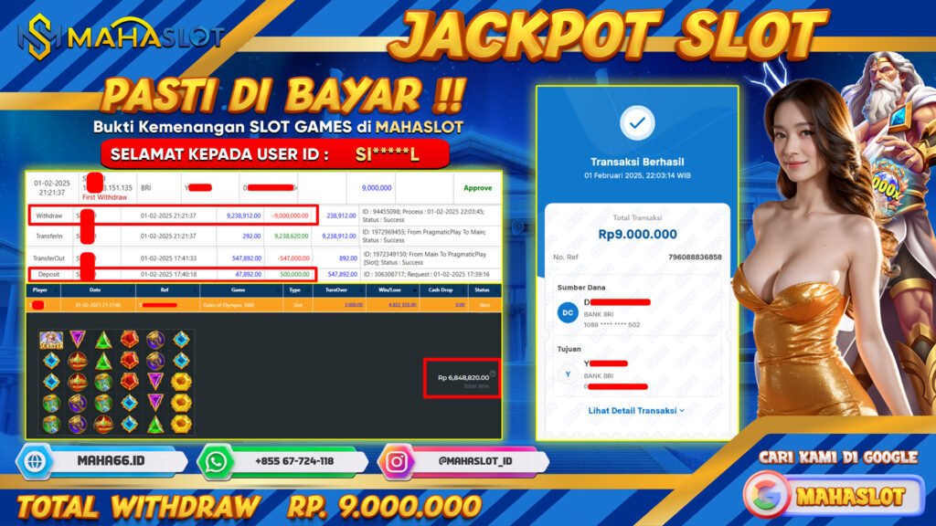 MAHASLOT JACKPOT SLOT GAMES GATES OF OLYMPUS 1000 Rp. 9.000.000,- LUNAS