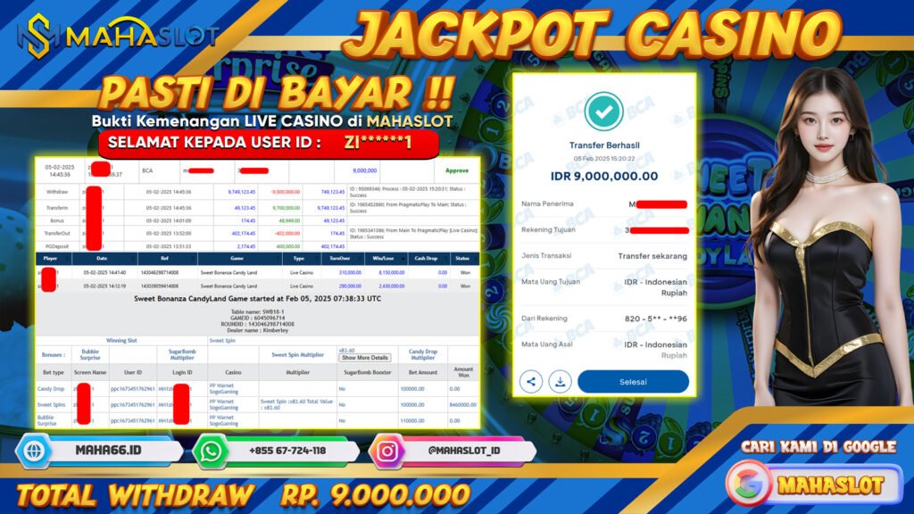 MAHASLOT JACKPOT LIVE CASINO SWEET BONANZA CANDY LAND Rp. 9.000.000,- LUNAS