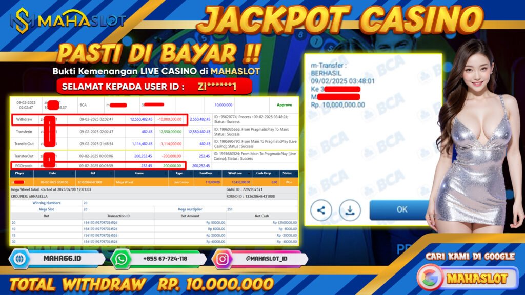 MAHASLOT JACKPOT LIVE CASINO MEGA WHEEL Rp. 10.000.000,- LUNAS