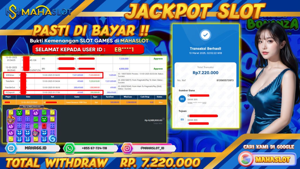 MAHASLOT JACKPOT SLOT GAMES SWEET BONANZA 1000 DICE Rp. 7.220.000,- LUNAS