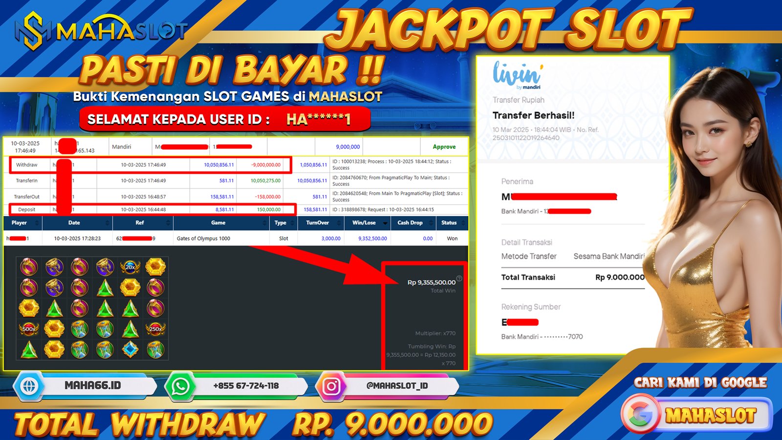 MAHASLOT JACKPOT SLOT GAMES GATES OF OLYMPUS 1000 Rp. 9.000.000,- LUNAS