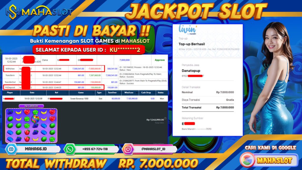 MAHASLOT JACKPOT SLOT GAMES SWEET BONANZA 1000 Rp. 7.000.000,- LUNAS