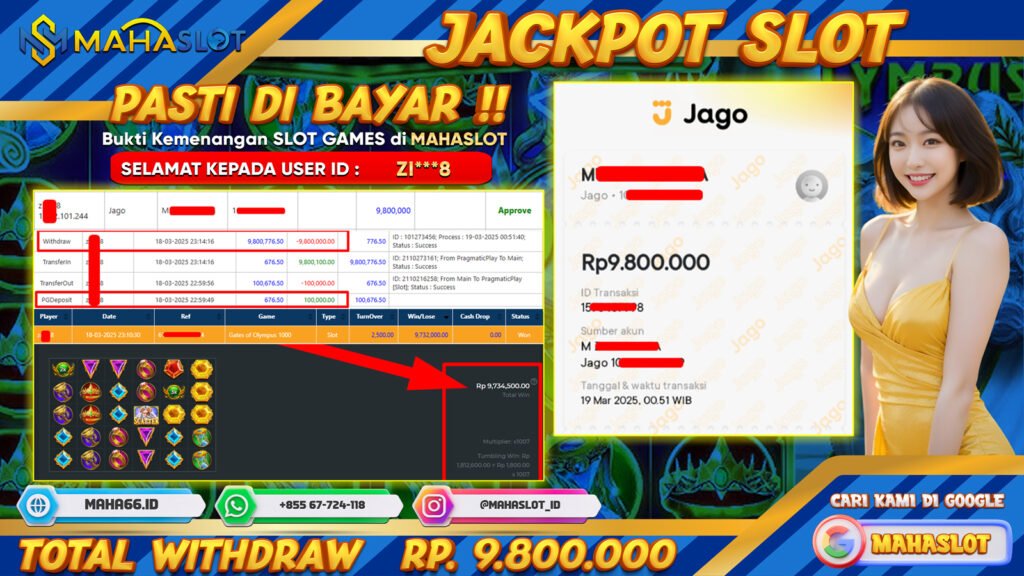 MAHASLOT JACKPOT SLOT GAMES GATES OF OLYMPUS 1000 Rp. 9.800.000,- LUNAS